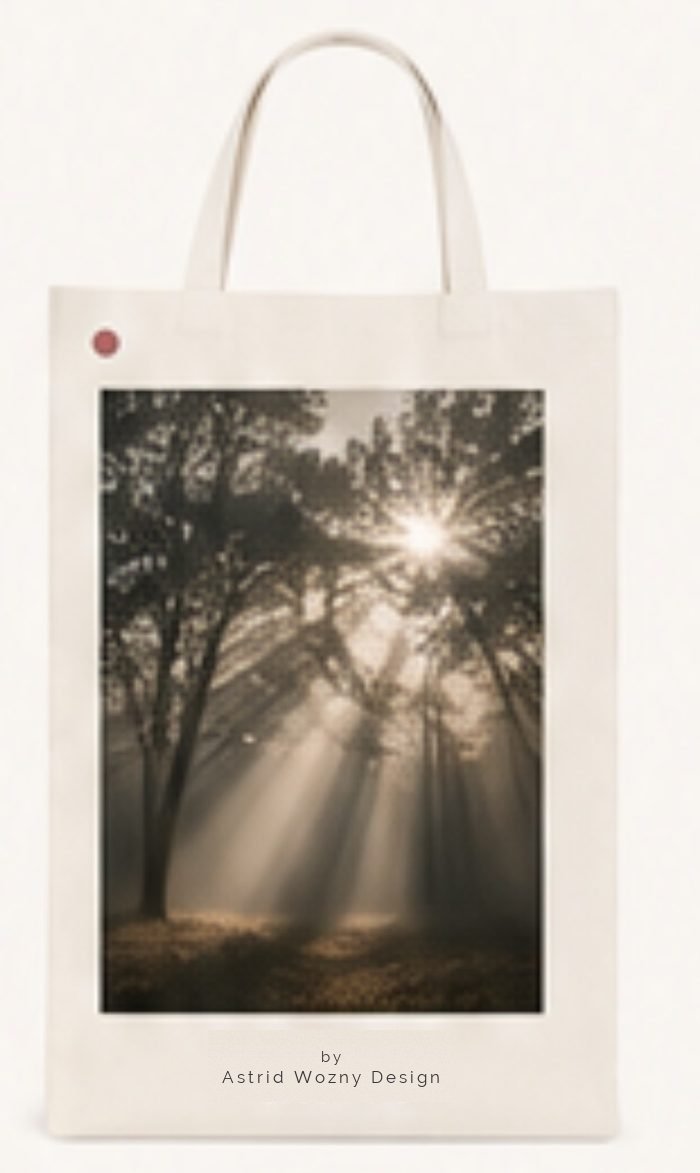 Baumwolltasche mit Fine-Art-Fotomotiv: Lichtstrahlen im Wald