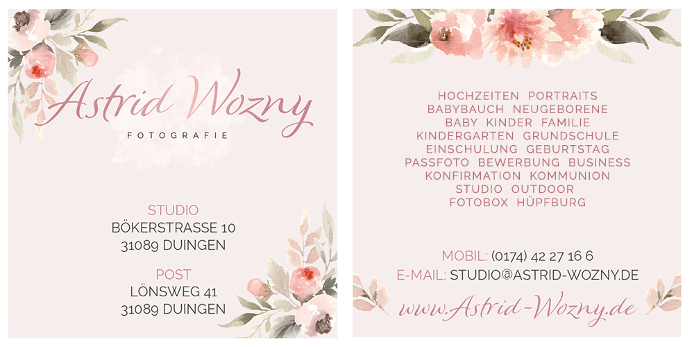 Visitenkarte Astrid Wozny Fotografie – Vorder- und Rückseite